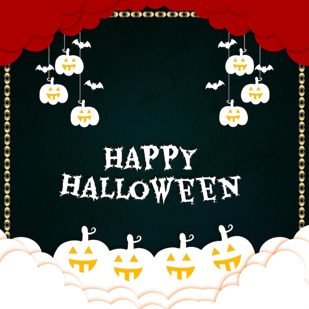 Feliz fiesta de halloween con calabazas y publicación de nuevo diseño de murciélago y nube