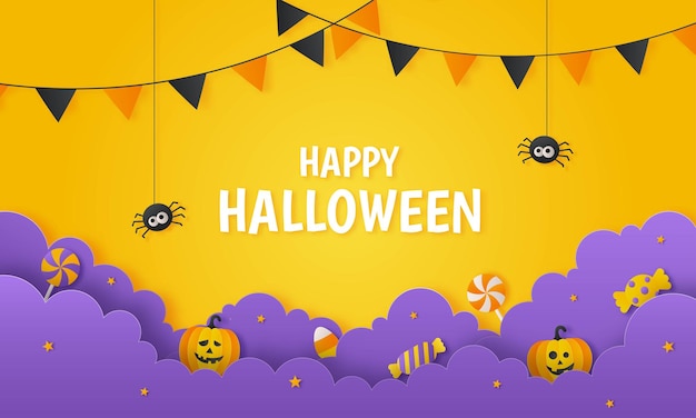 Feliz fiesta de halloween con dulces y estilo de arte de papel de calabaza sobre fondo naranja