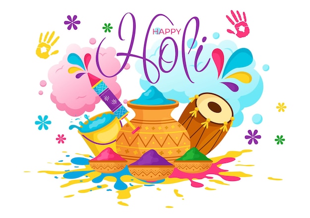 Vector feliz fiesta de holi ilustración vectorial con olla y polvo de colores en hindi en la celebración de colores