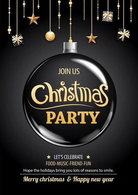 Feliz fiesta de invitación de navidad y bola de cristal