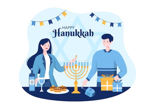 Feliz fiesta judía de hanukkah plantilla dibujada a mano ilustración plana de dibujos animados con símbolos tradicionales