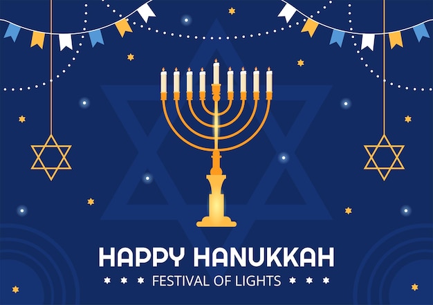 Feliz fiesta judía de Hanukkah plantilla dibujada a mano ilustración plana de dibujos animados con símbolos tradicionales