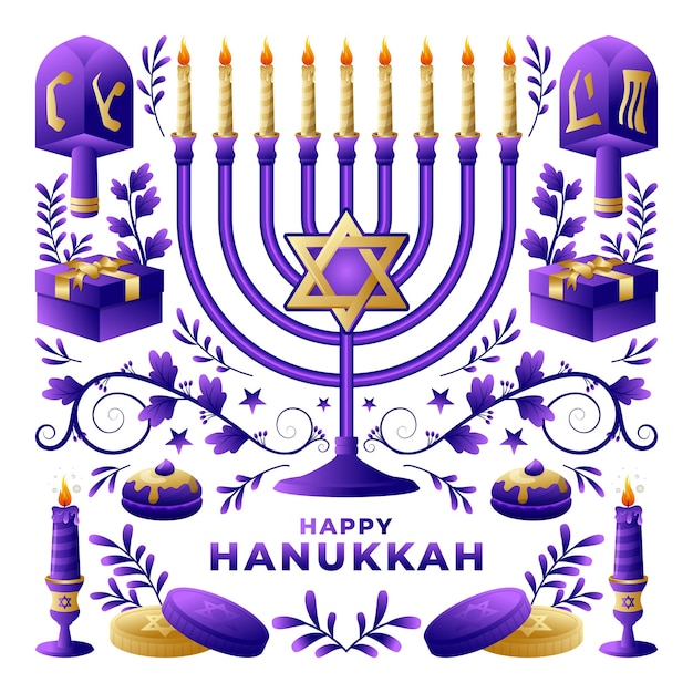 Feliz fiesta tradicional del Festival Judío de las Luces de Hanukkah con diseño de color morado y dorado