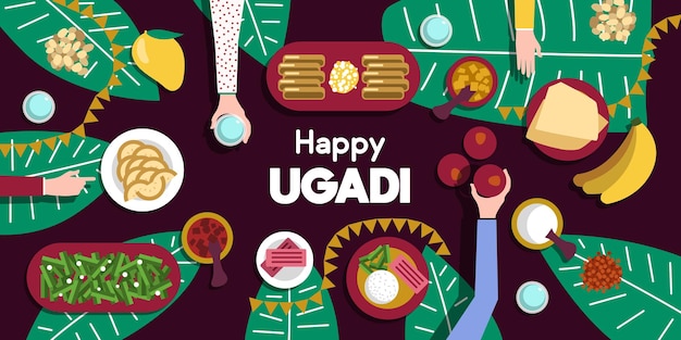 Feliz fiesta de Ugadi saludos de arriba hacia abajo vista de la celebración de la fiesta