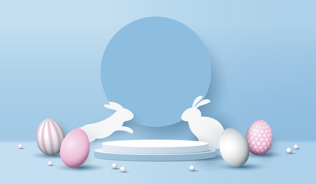 Feliz fondo azul de Pascua y exhibición en el podio de arte de papel para la presentación de productos, marca y embalaje, escenario de presentación de estudio con huevos y diseño vectorial de fondo de conejo
