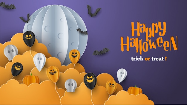 Feliz fondo de banner de Halloween con nubes y calabazas en papel cortado estilo. Luna llena en el cielo, telaraña, calavera, fantasmas y murciélagos voladores.