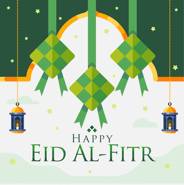 Vector feliz fondo de eid al fitr con colgantes de diamantes y adornos de linterna