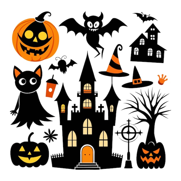 Feliz fondo de Halloween con calabazas murciélagos voladores elementos vectoriales de luna llena