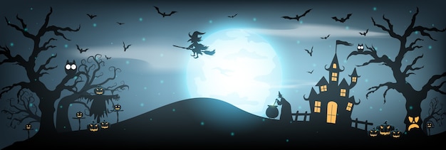 Feliz fondo de Halloween con casa embrujada, luna llena y bruja.