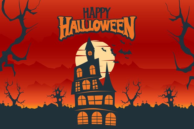 Vector feliz fondo de halloween con la casa de los fantasmas