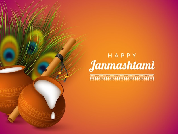 Feliz fondo Krishna Janmashtami con ollas bansuri y plumas de pavo real Festival religioso hindú ilustración vectorial del Señor Krishna
