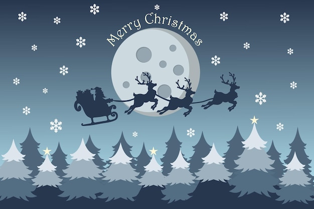 Feliz fondo de Navidad con Papá Noel volando en el cielo en trineo con renos por la noche con nieve de luna llena y árboles de Navidad ilustración vectorial