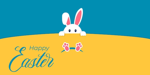 Vector feliz fondo de pascua con conejo blanco fondo de vacaciones azul y amarillo