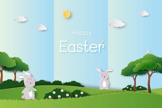 Feliz fondo de Pascua con conejos lindos felices en el jardín