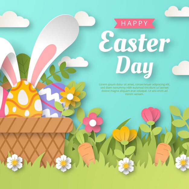 Feliz fondo de Pascua con flores y huevos de conejo cortados en papel Ilustración vectorial