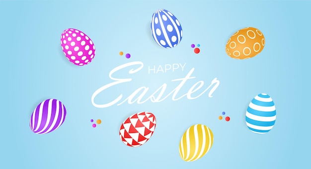 Feliz fondo de pascua Vector lindo cartel para la búsqueda de huevos de Pascua con chamomiles cortados en papel coloreados huevos 3d bocadillo de diálogo de papel y confeti de colores sobre fondo azul