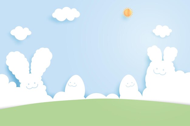 Feliz fondo de PascuaArte de papel de huevos de Pascua y conejo con forma de nube sobre fondo de cielo azulDiseño de plantilla de bannerIlustración vectorial