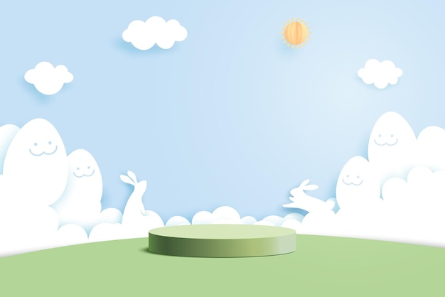 Feliz fondo de PascuaArte de papel de huevos de Pascua y conejo con forma de nube sobre fondo de cielo azulMaqueta de podio de exhibición de productos Diseño de plantilla de bannerIlustración vectorial