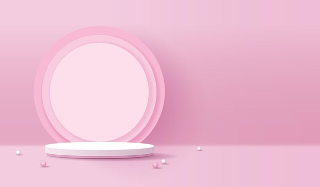 Feliz fondo rosa de Pascua y exhibición de podio de arte de papel para la presentación del producto, marca y presentación de empaque, escenario de estudio con huevos y diseño de vector de fondo de conejo