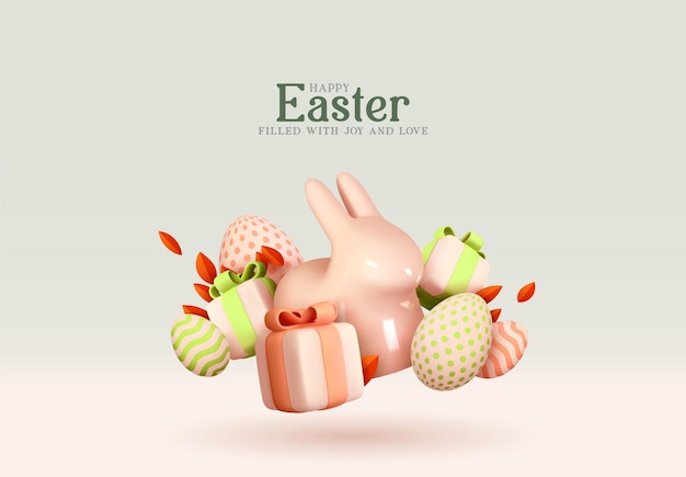 Feliz fondo de vacaciones de pascua. diseño festivo con elementos de decoración realistas 3d conejo y caja de regalo. conejito de pascua y huevos. banner, póster web, portada de volante, folleto elegante, tarjeta de felicitación