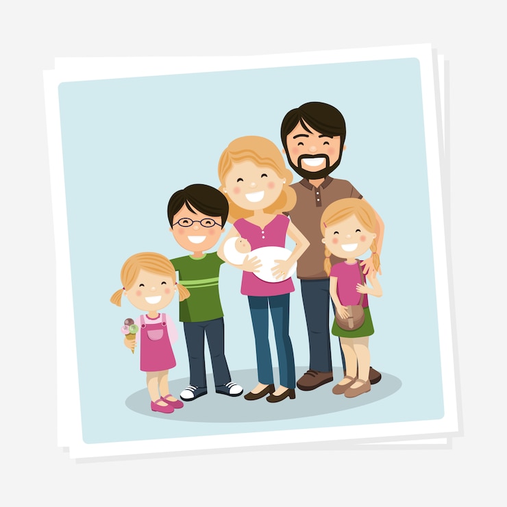 Vector feliz foto de familia con padres, tres hijos y un bebé.