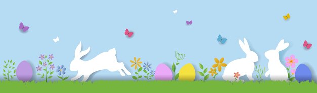 Feliz frontera de Pascua con flores y el cielo azul del conejo
