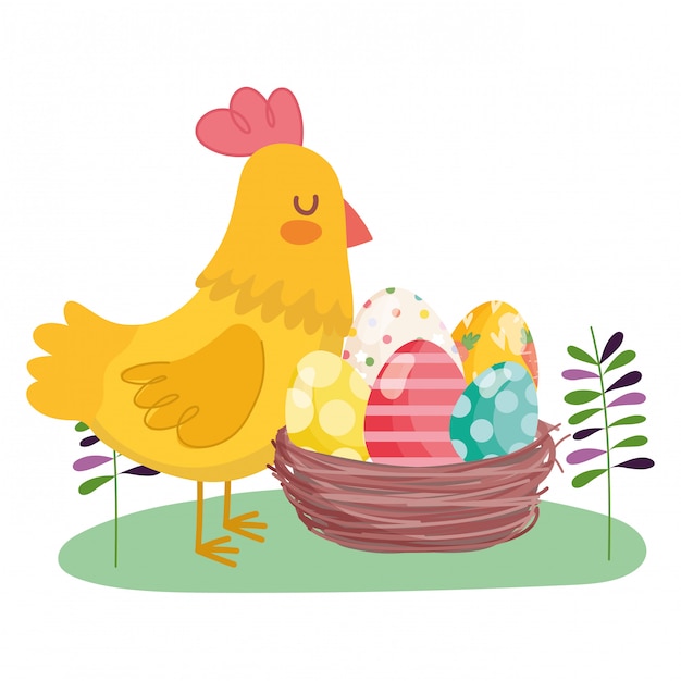 Feliz gallina de pascua con cesta llena de huevos decorados