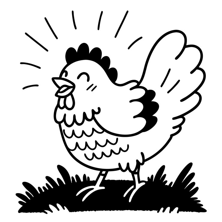 Vector feliz gallo garabateado en estilo minimalista en blanco y negro cantando en la hierba ilustración alegre de animales de granja