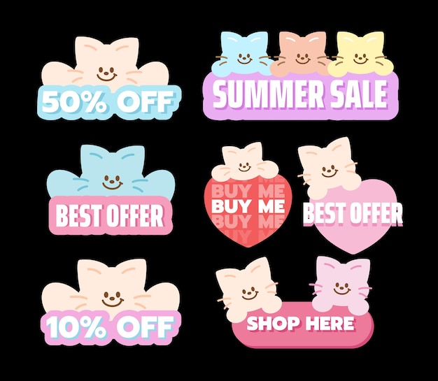 Feliz gato pastel con varias etiquetas de venta incluyendo 50 de descuento Venta de verano Mejor oferta Compra-me 10 de descuento