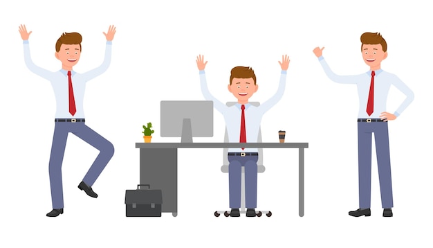 Feliz gerente de oficina en ropa formal saltando sentado de pie con las manos en alto divirtiéndose personaje de dibujos animados