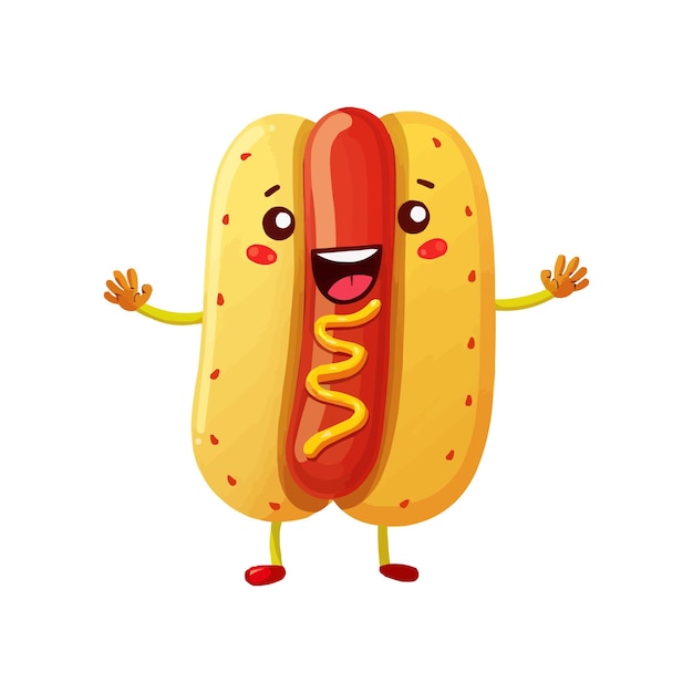 un feliz y gracioso personaje de dibujos animados de Hot Dog con brazos y piernas en fondo blanco
