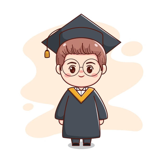 feliz graduación chico guapo con gorra, vestido y gafas lindo personaje de dibujos animados kawaii chibi