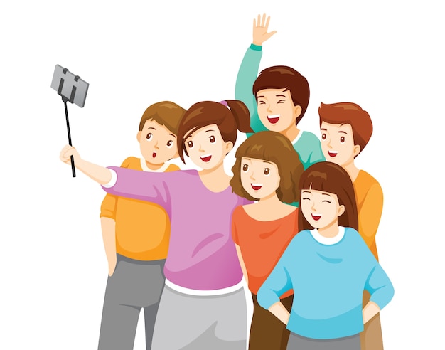 Vector feliz grupo de adolescentes tomando selfie