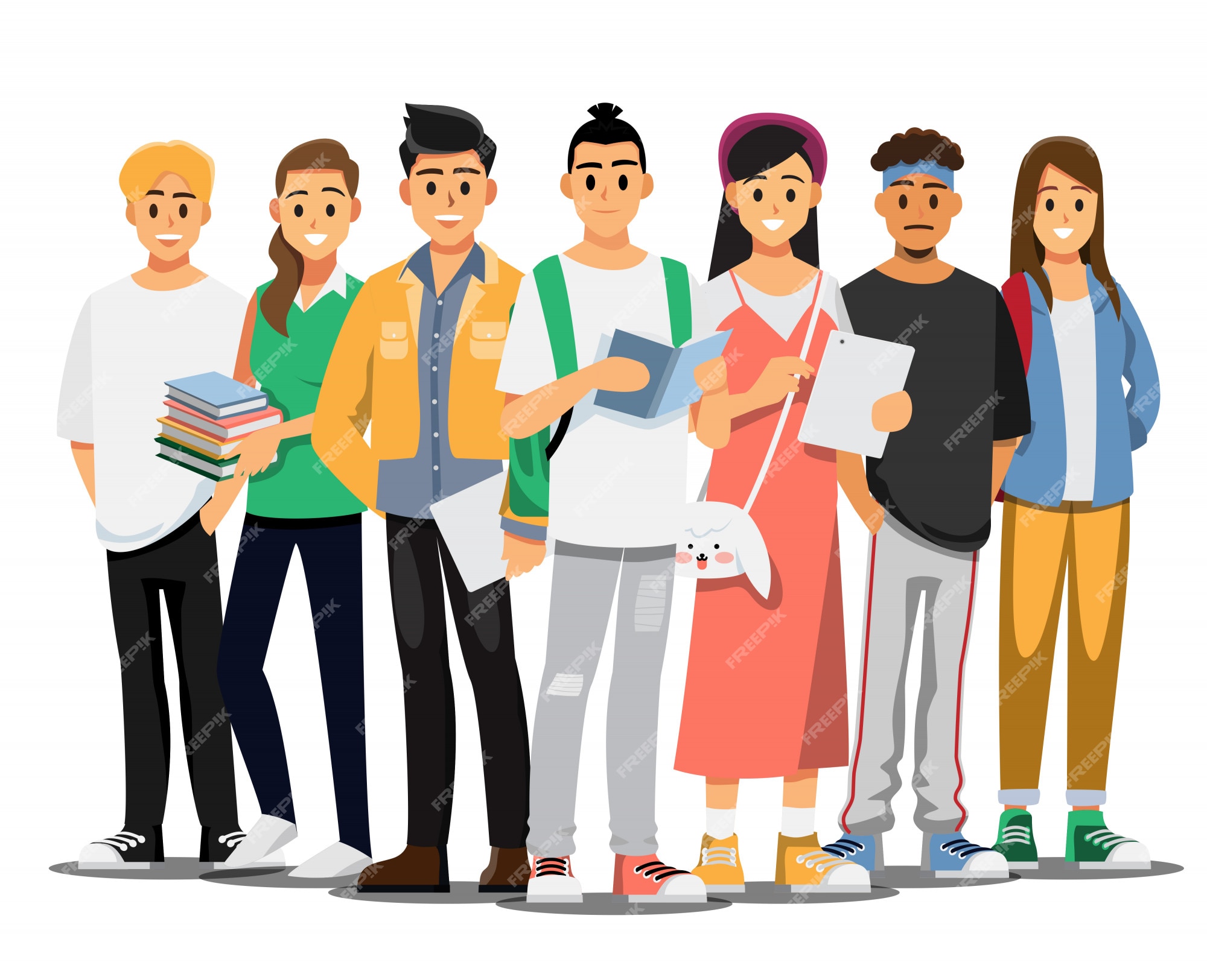 Feliz grupo de estudiantes universitarios adolescentes. personaje de
