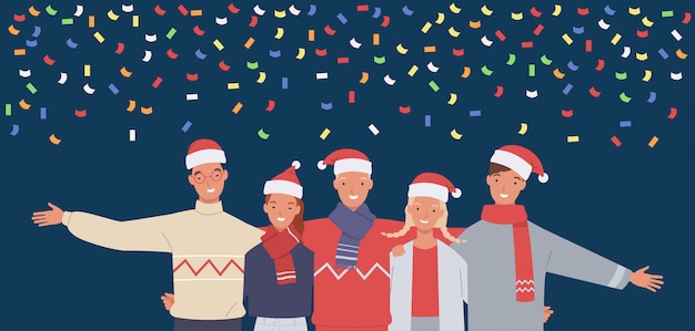 Vector feliz grupo de personas en una fiesta de navidad y año nuevo.