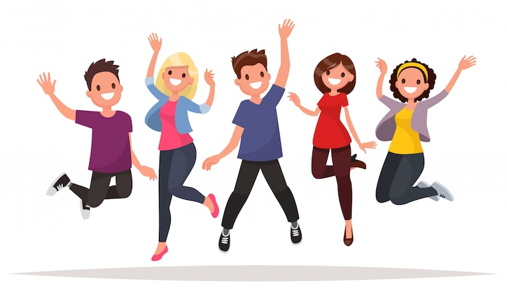 Vector feliz grupo de personas saltando sobre un fondo blanco. el concepto de amistad, estilo de vida saludable, éxito.