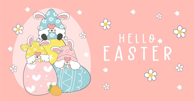Feliz grupo de saludo de Pascua de tres lindos felices divertidos Gnome orejas de conejo pastel en Easer huevos elfo dibujos animados dibujo contorno vector felices fiestas banner