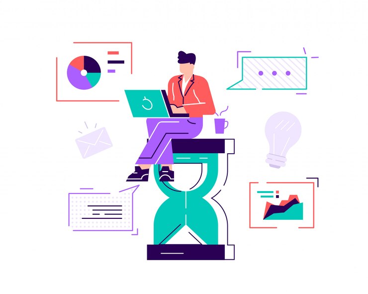 Vector feliz guapo oficinista sentado en un reloj de arena y haciendo varias acciones al mismo tiempo. concepto de multitarea, productividad y gestión del tiempo. ilustración de vector de estilo plano
