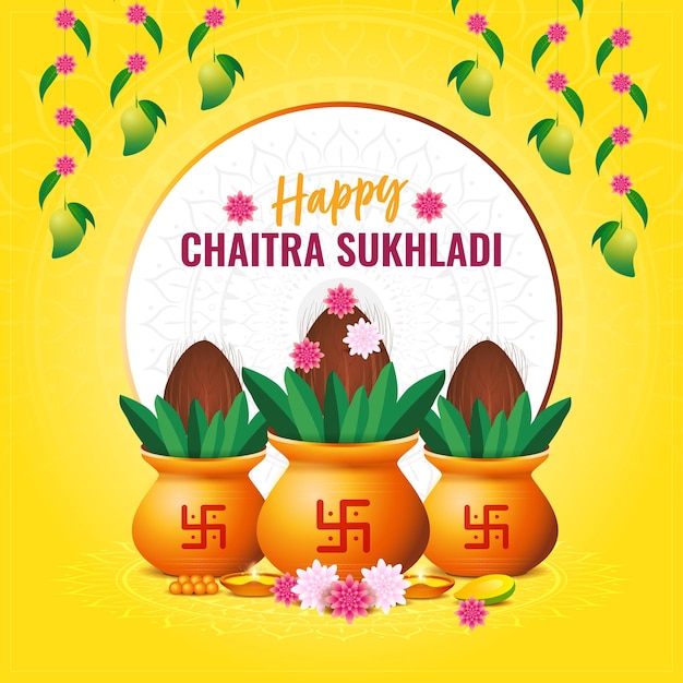 Vector feliz gudi padwa y chaitra sukhladi celebración de la india ilustración con fondo decorado