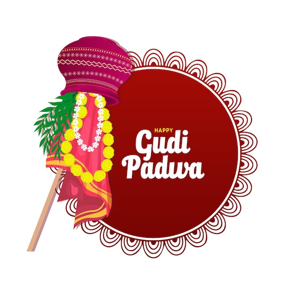 Feliz Gudi Padwa Fondo festivo con tipografía kalash y guirlanda en un diseño vibrante