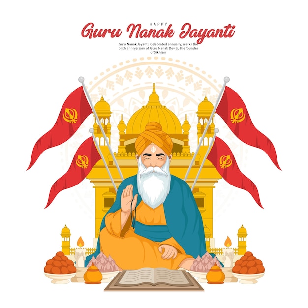 feliz guru nanak jayanti para la tarjeta de felicitación post en las redes sociales con concepto de diseño plano
