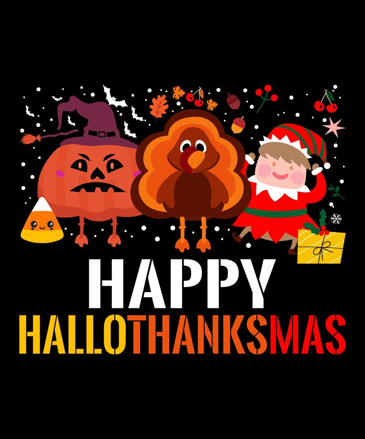 Feliz Hallothanksmas Halloween Acción de Gracias Navidad Xmas Santa Turquía diseño vectorial de calabaza