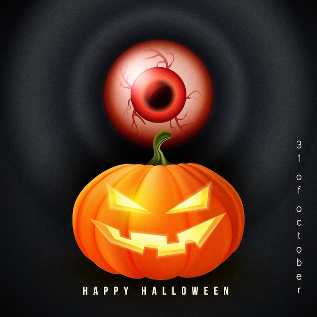 Feliz halloween 3d realista jack lantern aterrador y globo ocular rojo inyectado en sangre