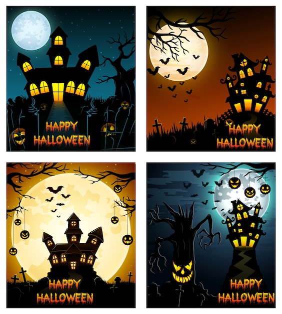 Feliz Halloween banner con miedo árbol y castillo