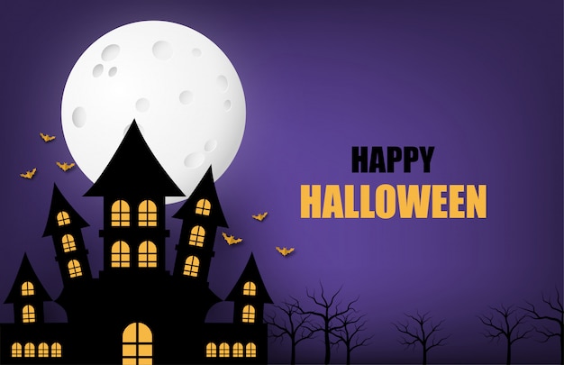 Feliz halloween banner o cartel de fondo con gran luna y silueta castillo fantasma.