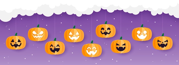 Feliz Halloween Banner o fondo de Halloween con calabazas de Halloween colgando de la nube, estilo de arte de papel.