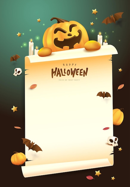 Feliz Halloween banner o fondo de invitación a fiesta con calabaza sosteniendo papel viejo y elementos festivos