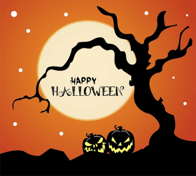 Feliz halloween banner o fondo de invitación a una fiesta con luna llena arañas web calabazas murciélagos