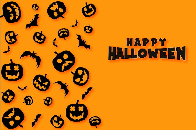 Vector feliz halloween banner o fondo de invitación a una fiesta con murciélagos y calabazas con efecto de texto