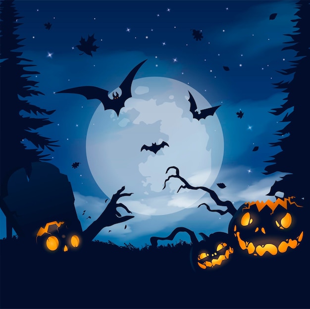 Feliz Halloween banner o fondo de invitación a una fiesta con nubes de niebla violeta y calabazas